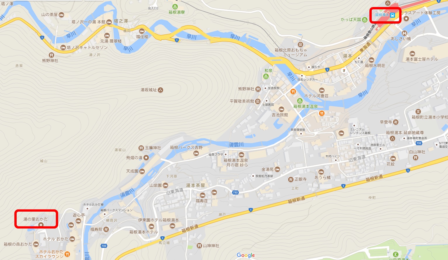 箱根湯本駅から湯の里おかだまでの道のり（マップ）画像