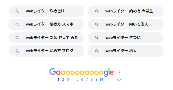 Googleで「Webライター 始め方」というKWを調べた際の検索結果