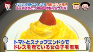 トマトとスナップエンドウでドレスを着ている女の子を表現している画像キャプチャ