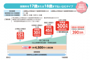「小・中・高+大学入学時」の学資金準備コース（学資祝金付18歳満期）の概要