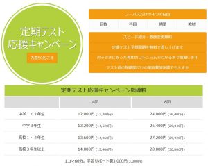 家庭教師のノーバスにおける定期テスト対策コースのキャンペーン価格