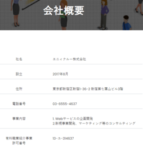 口コミ評判エニィクルーの会社概要の解説
