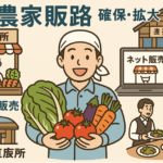 農家販路の確保・拡大、ネット販売・直売所など多様な販売チャネルを表現した図解イラスト