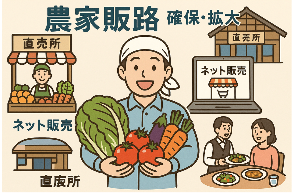 農家販路の確保・拡大、ネット販売・直売所など多様な販売チャネルを表現した図解イラスト