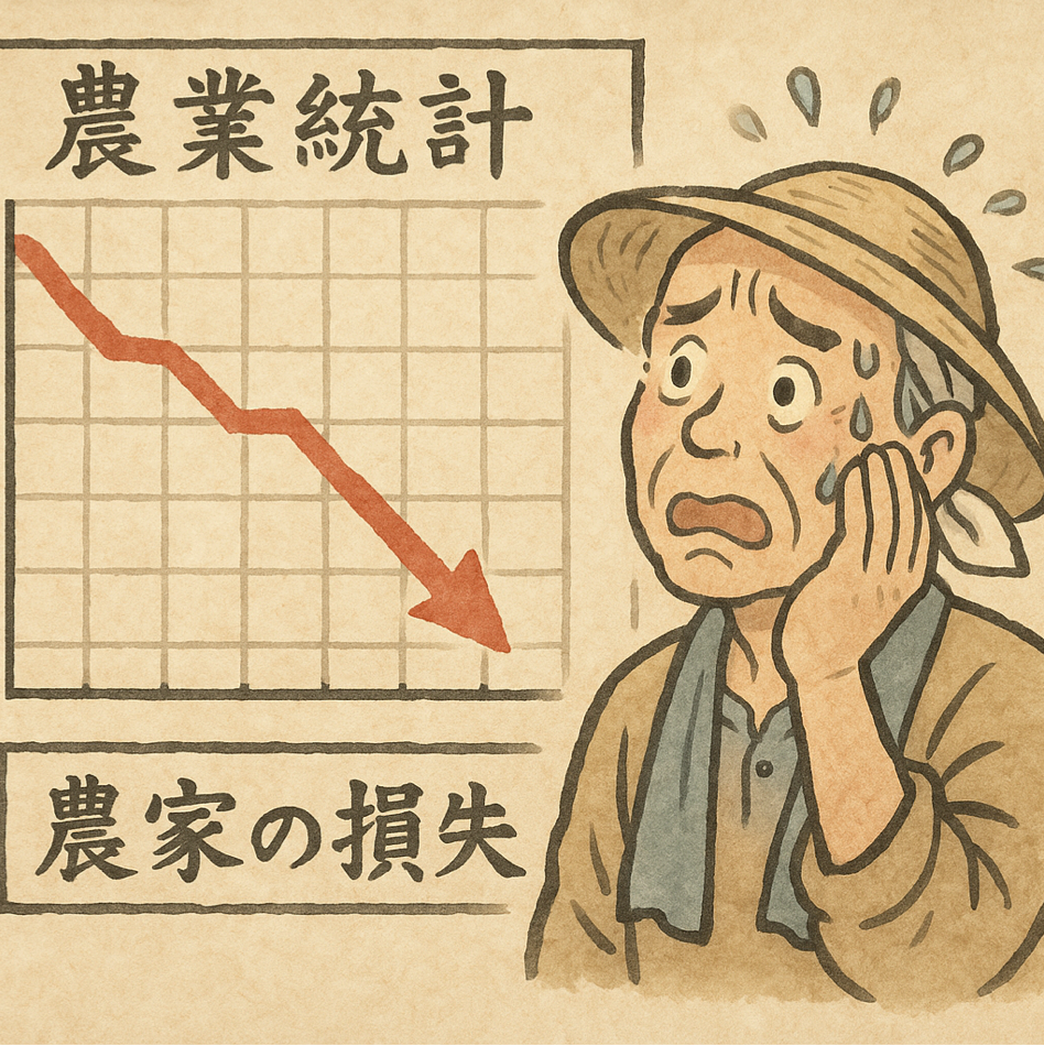 農家の赤字統計データを示すグラフと困った表情の農家の人物、深刻な経営状況を表現した図解イラスト