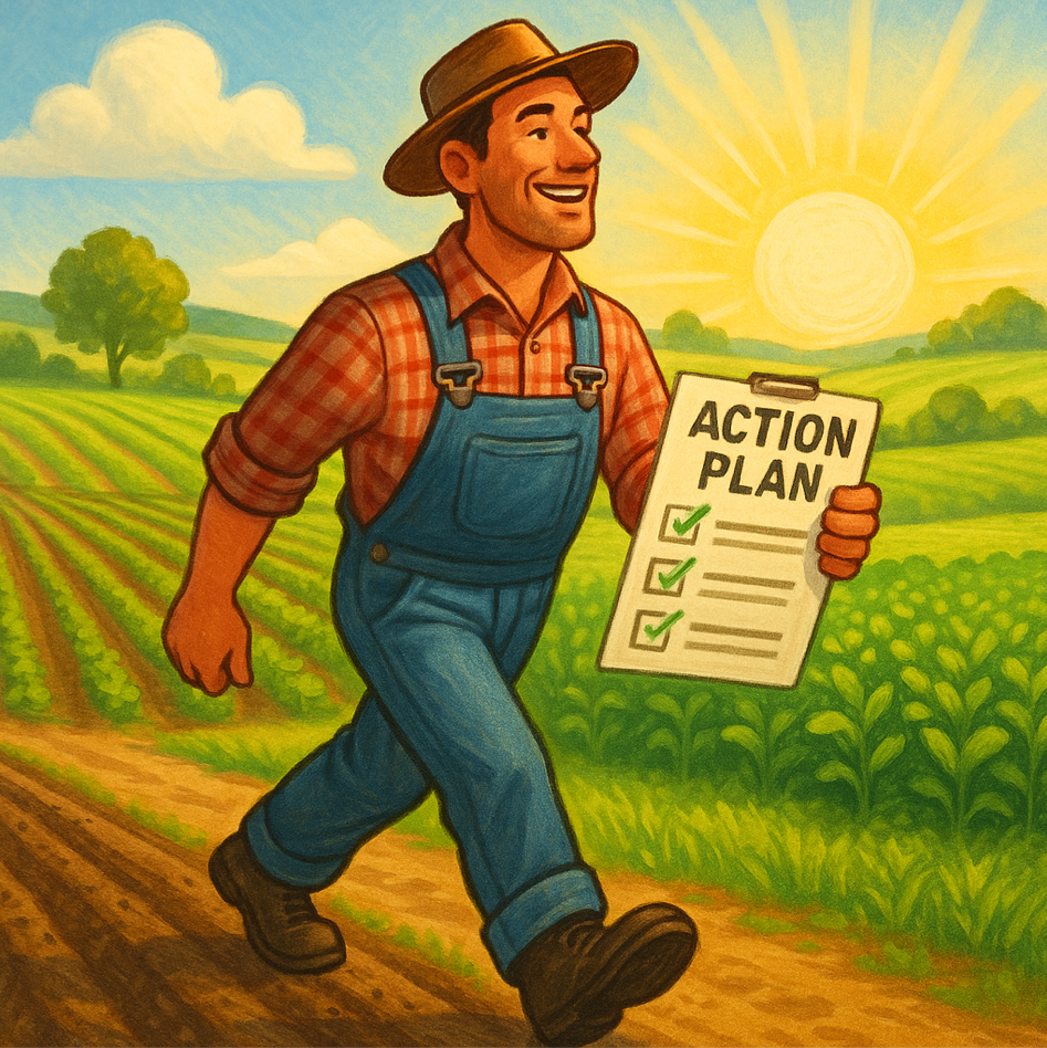 行動プランのチェックリストを手に、前向きに歩む農家と豊かな農地、明るい太陽が描かれた希望ある未来のイラスト