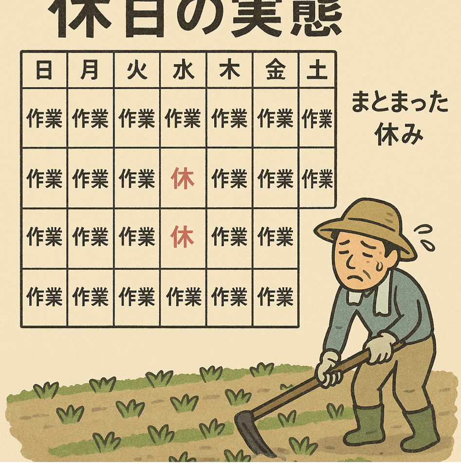  一人農業での休日の実態とワークライフバランスの課題を表現した図解イラスト