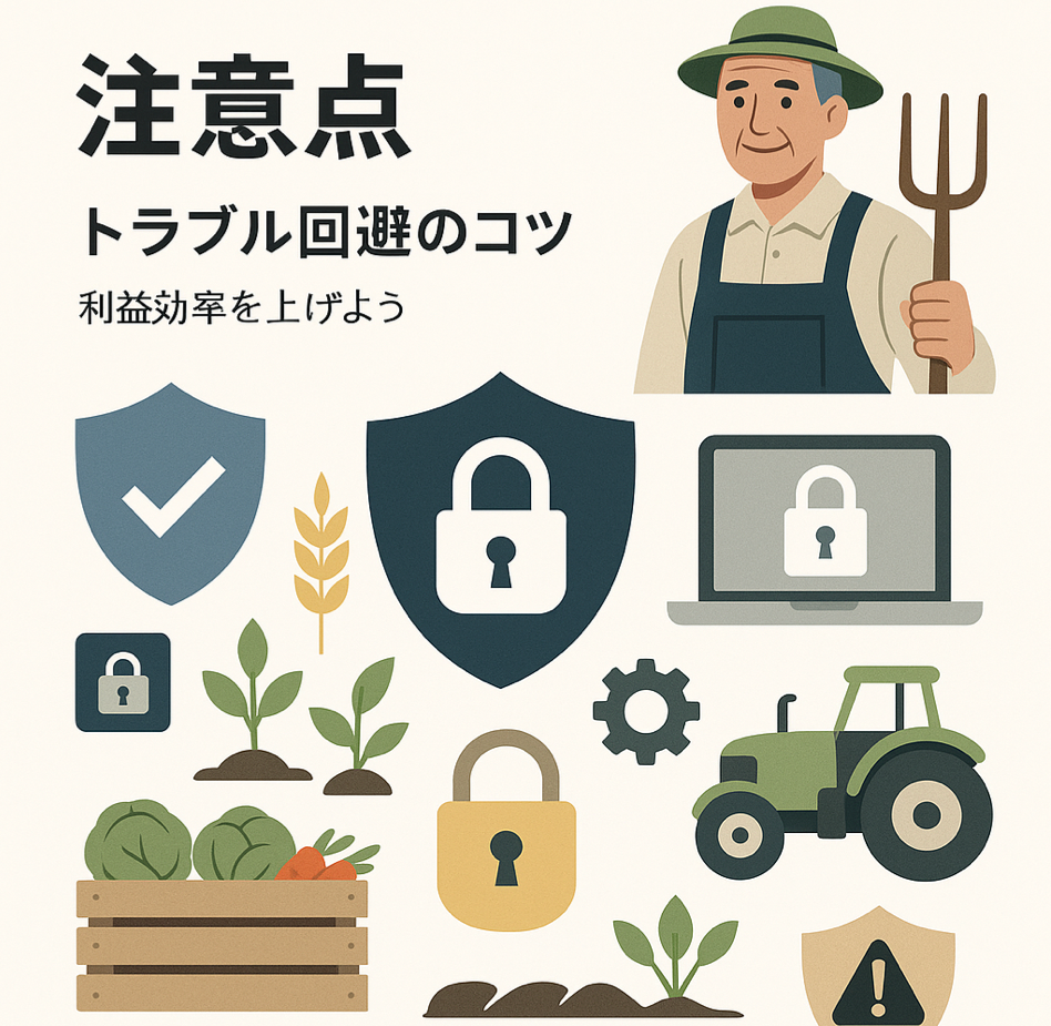 農家ホームページの注意点とトラブル回避のコツで利益効率向上を表現した図解イラスト