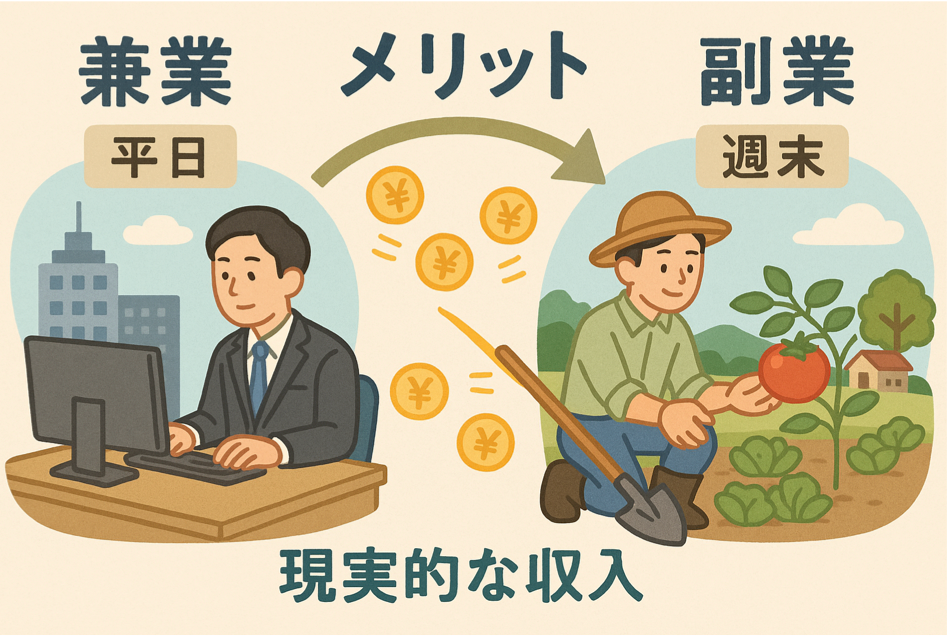 兼業・副業から始める一人農業のメリットと収入バランスを表現した図解イラスト