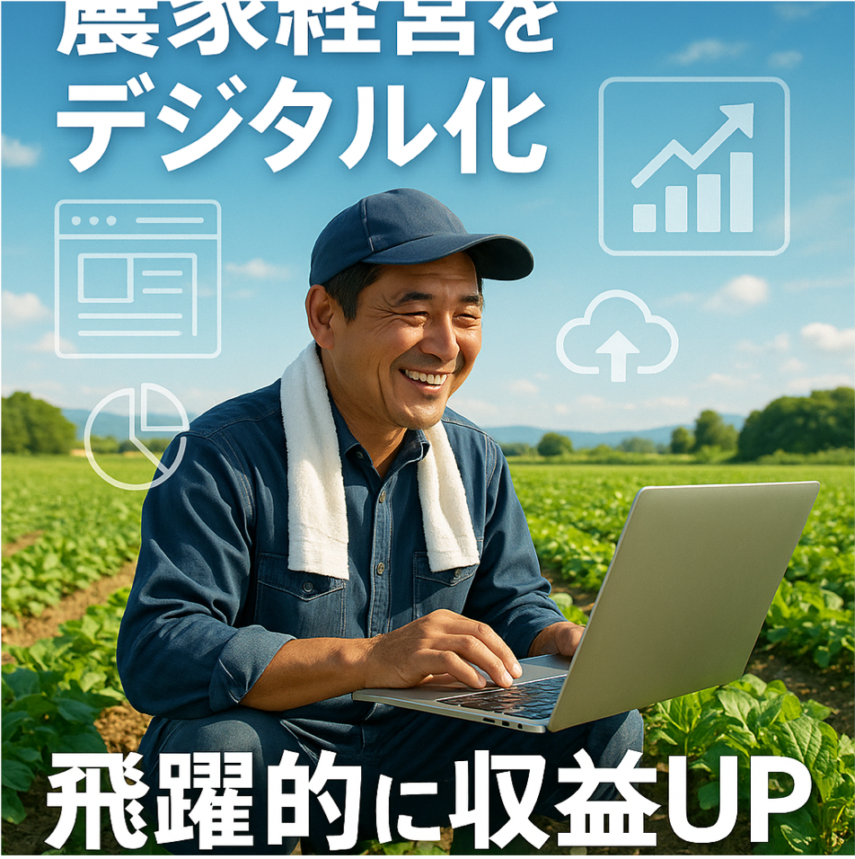 農家ホームページ活用による農家経営のデジタル化と飛躍的収益UPを表現した図解イラスト