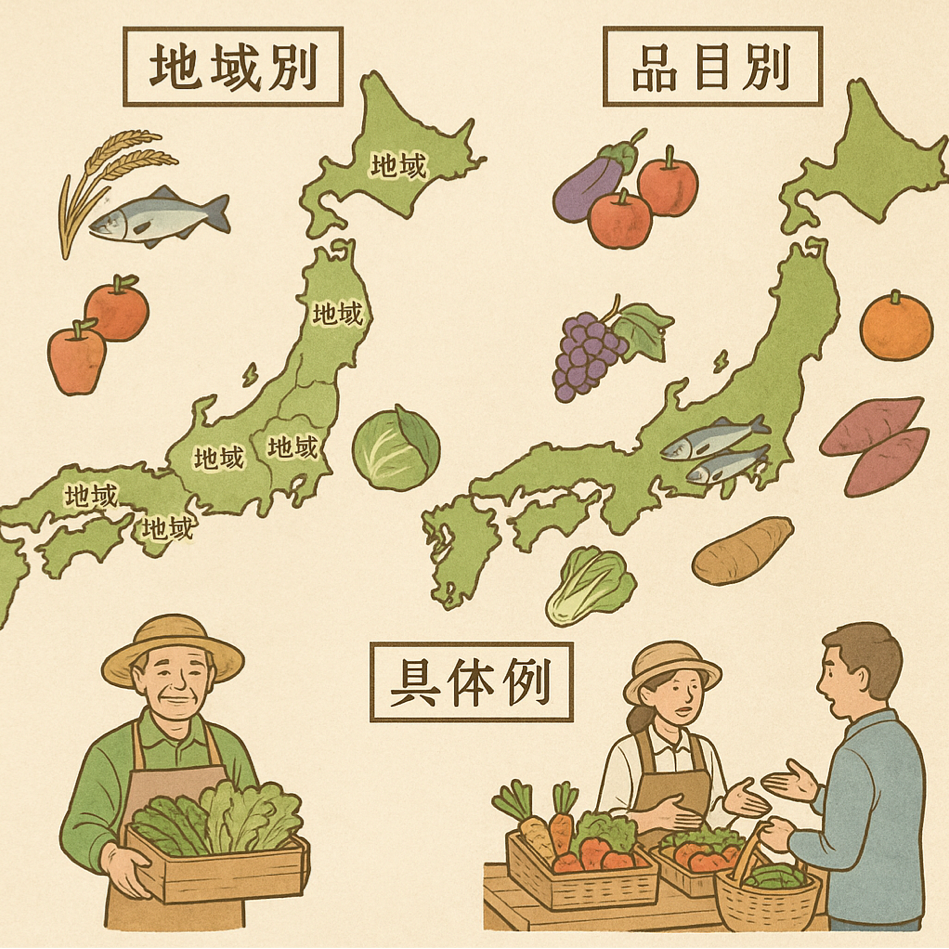 地域別・品目別の農家委託販売具体例を日本地図と農産物で表現した図解イラスト