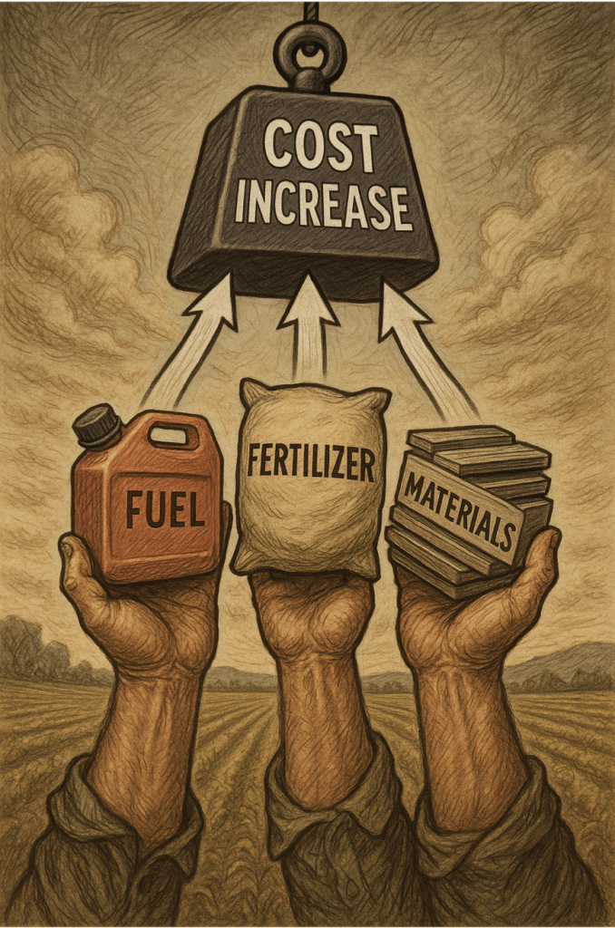 農家の手元から燃料、肥料、資材がどんどん吸い上げられ、上部にコスト高騰の重りが吊るされた経済圧迫のイラスト