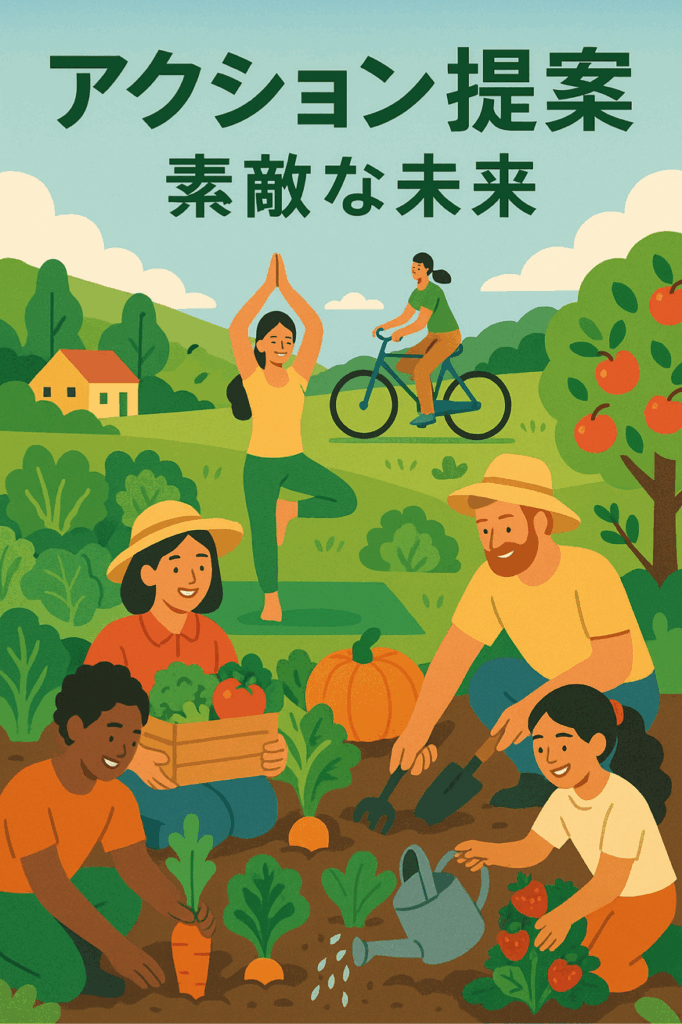 持続可能な未来に向けた有機農業の実践とアクションプランを表現した図解イラスト