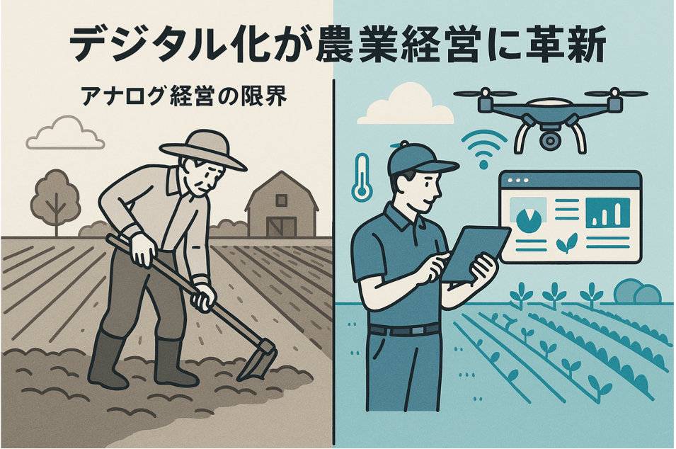 農家ホームページによるデジタル化が農業経営に革新をもたらすことを表現した図解イラスト