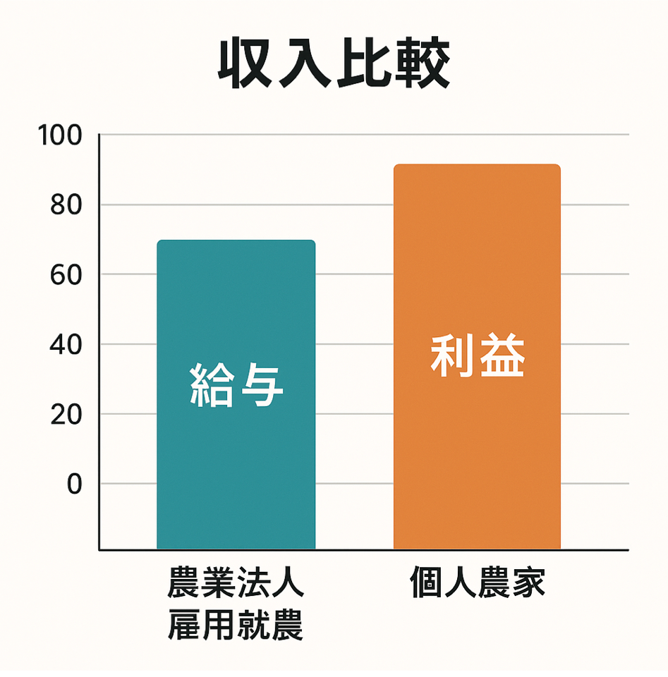  農業法人での雇用就農と個人農家独立の収入・条件比較を表現した図解イラスト