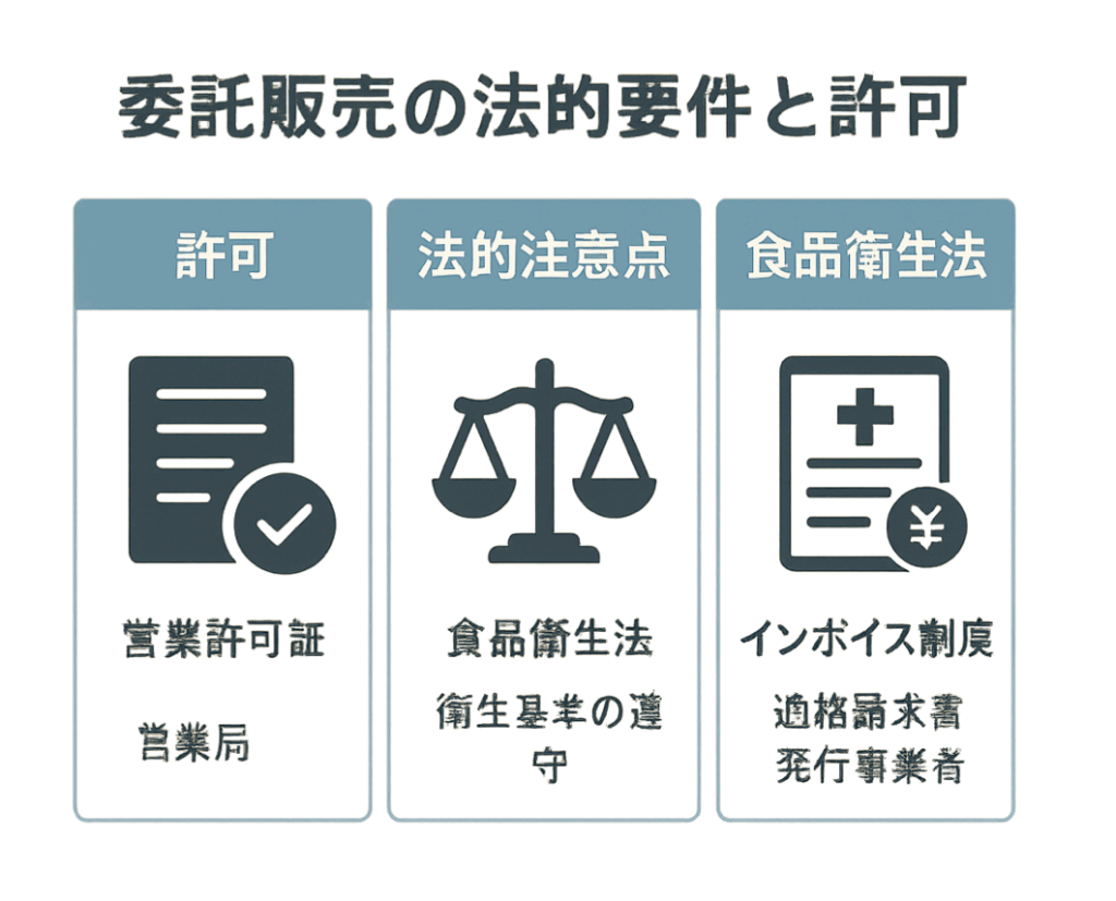  委託販売に必要な許可と法的注意点（食品衛生法・営業許可・インボイス制度）を表現した図解イラスト