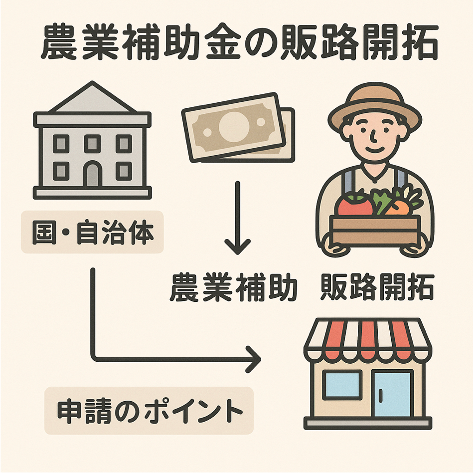 国・自治体の農業補助金による販路開拓制度と申請のポイントを表現した図解イラスト
