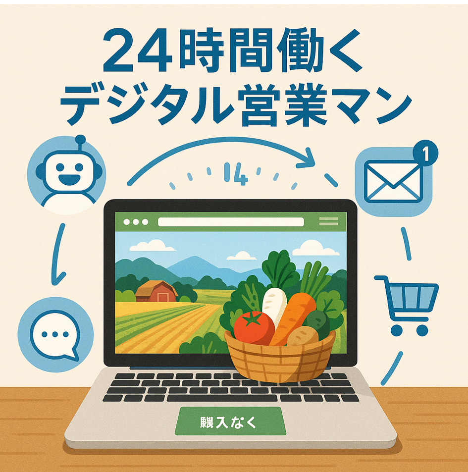 農家ホームページは24時間働くデジタル営業マンであることを表現した図解イラスト