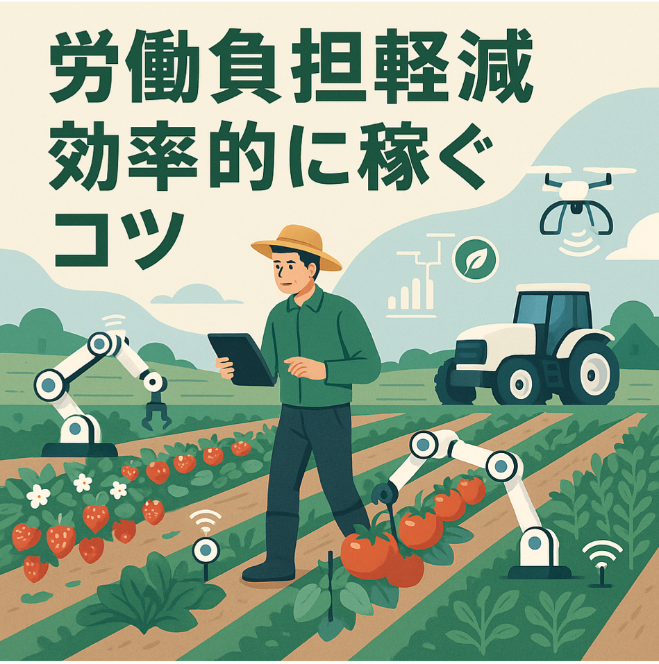 労働負担を軽減し効率的に稼ぐ一人農業のコツとスマート農業を表現した図解イラスト