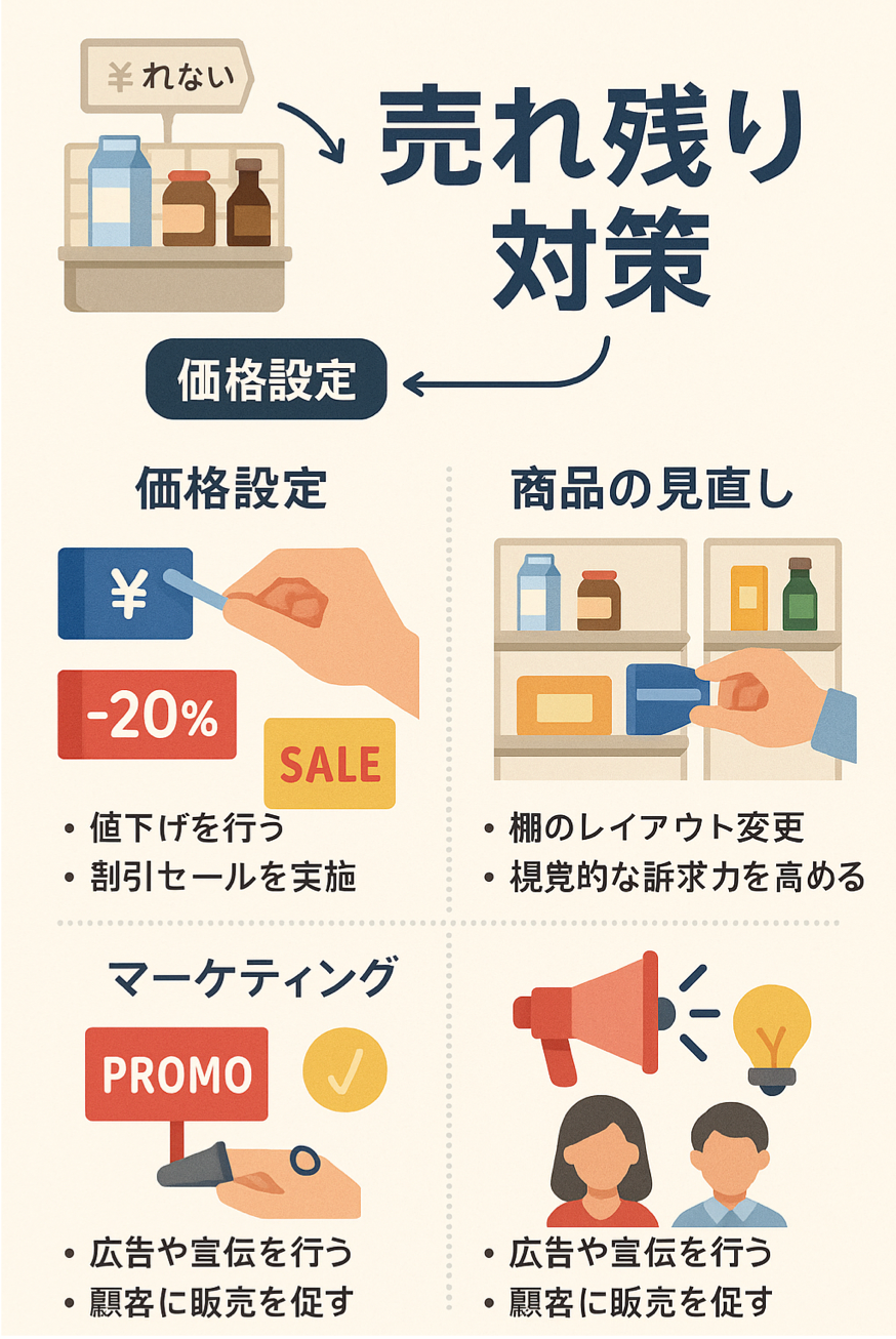 委託販売で売れない問題の解決策と売れ残り対策・価格設定のコツを表現した図解イラスト