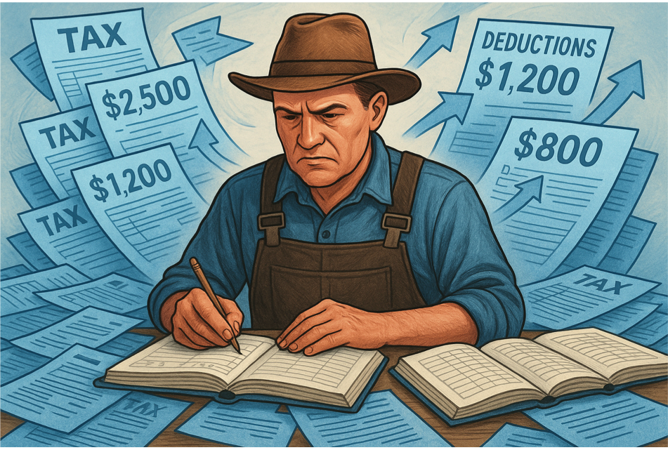  真剣に帳簿をつける農家と、青色申告特別控除の金額や繰越控除の矢印が帳簿から飛び出す税制メリットのイラスト