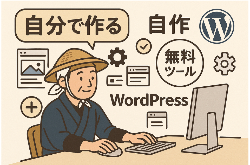 自分で作る農家ホームページ(自作・無料ツール・WordPress)のメリット・デメリットを表現した図解イラスト
