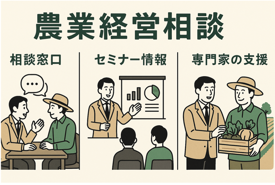 相談窓口やセミナー情報による専門家の支援を表現した図解イラスト