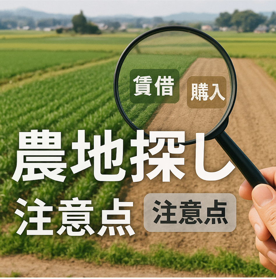 農地探しの現実と賃借・購入時の注意点を表現した図解イラスト