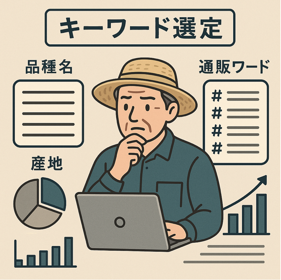 効率良く目的を達成するキーワード選定(品種名・産地・通販ワード)を表現した図解イラスト