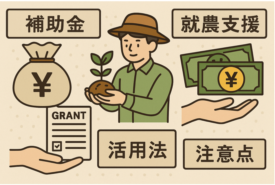 新規就農者向けの補助金・就農支援制度の活用方法を表現した図解イラスト