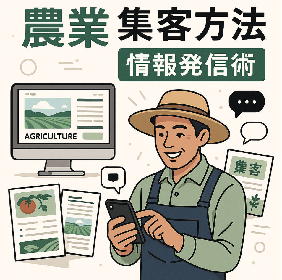 農業における集客方法と顧客を惹きつける情報発信術を表現した図解イラスト