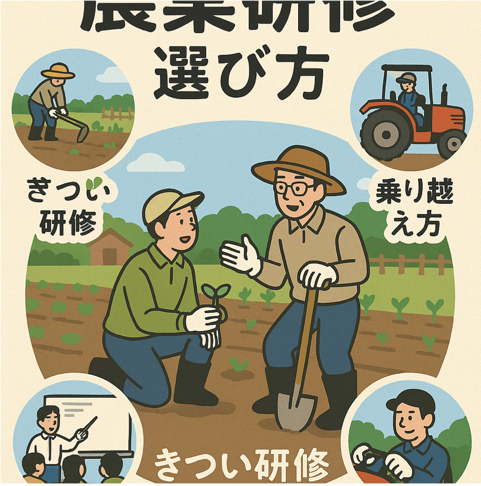農業研修の種類と選び方、きつい研修を乗り越える方法を表現した図解イラスト