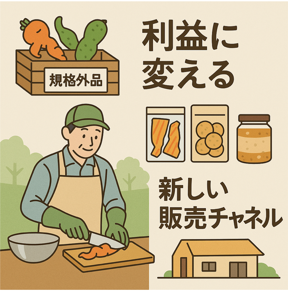規格外品も利益に変える新しい販売チャネルと加工品開発を表現した図解イラスト