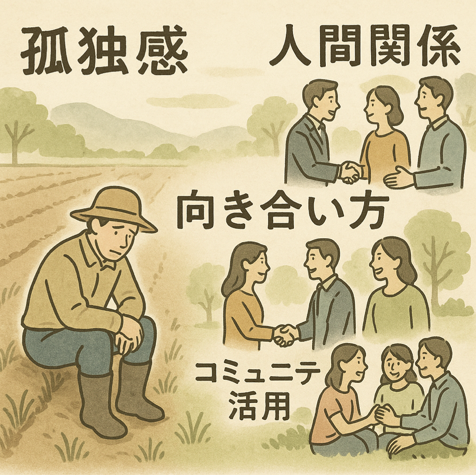 一人農業での孤独感・人間関係の課題とコミュニティ活用による解決策を表現した図解イラスト