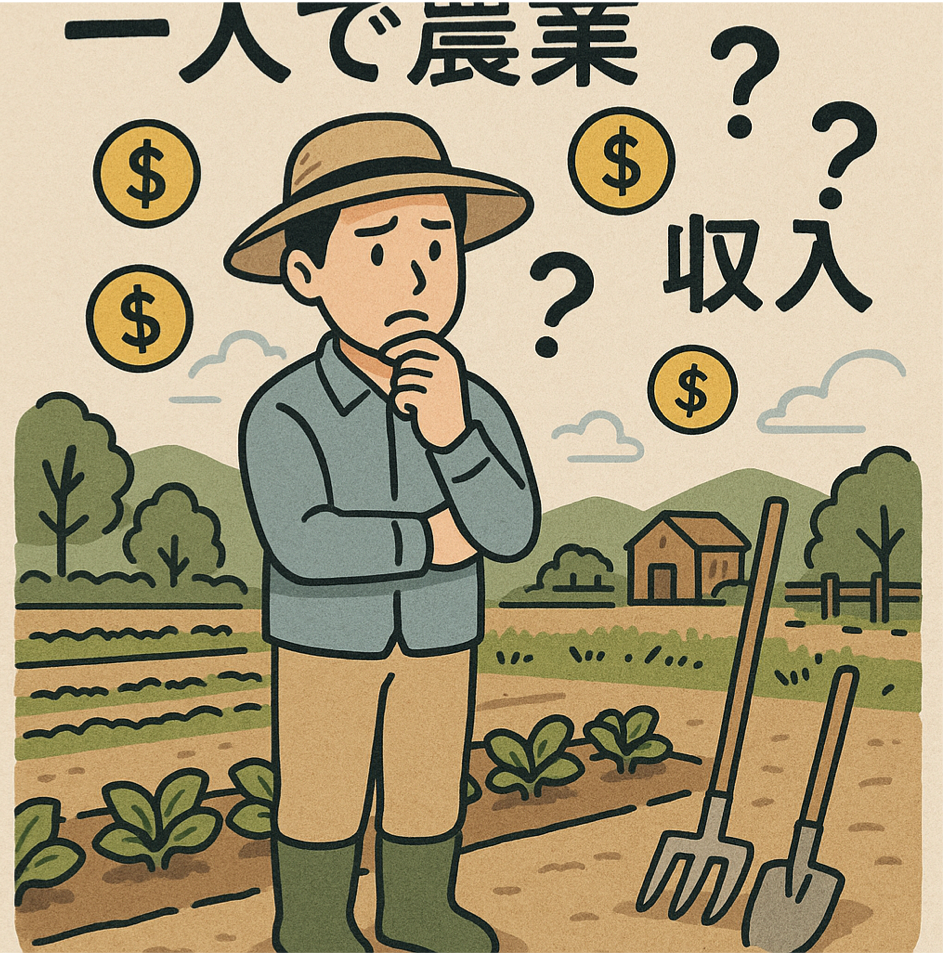 一人で農業を始める際の収入の現実と課題を表現した図解イラスト