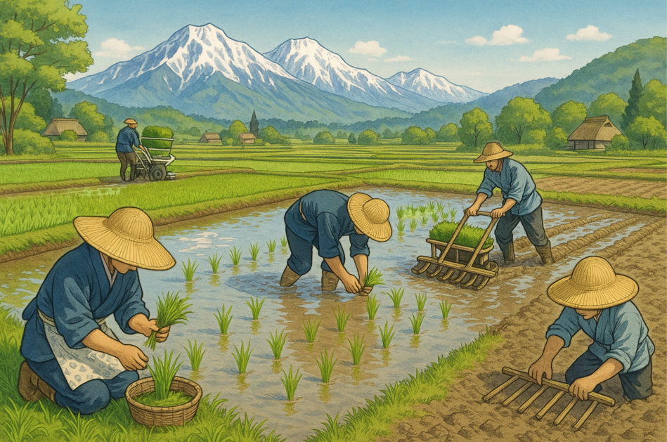 春の農繁期における苗植え・種まき・圃場準備作業の図解