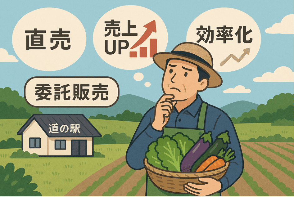 農家の委託販売による売上UP・効率化、道の駅や直売所での販売チャネル拡大を表現した図解イラスト
