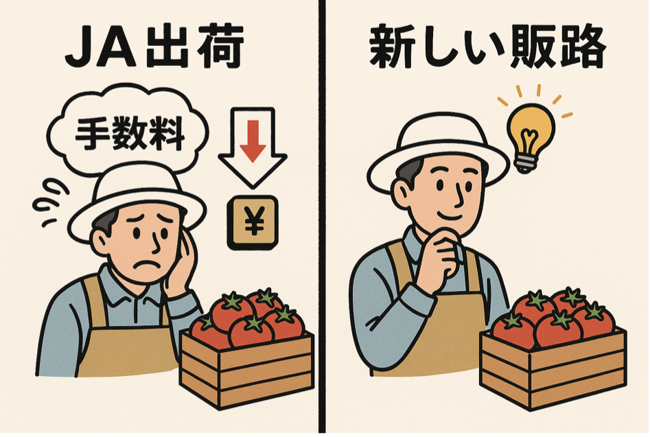 JA出荷の問題点(手数料・価格決定権)から新しい販路への転換を表現した図解イラスト