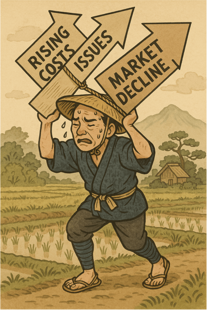  農家の頭上に資材高騰、価格低迷、天候不順など様々な問題が重くのしかかる様子を表現した図解イラスト