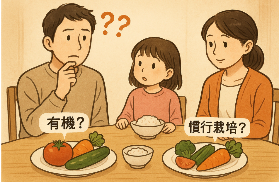 食卓で有機農産物と慣行栽培農産物の選択に迷う消費者を表現した図解イラスト