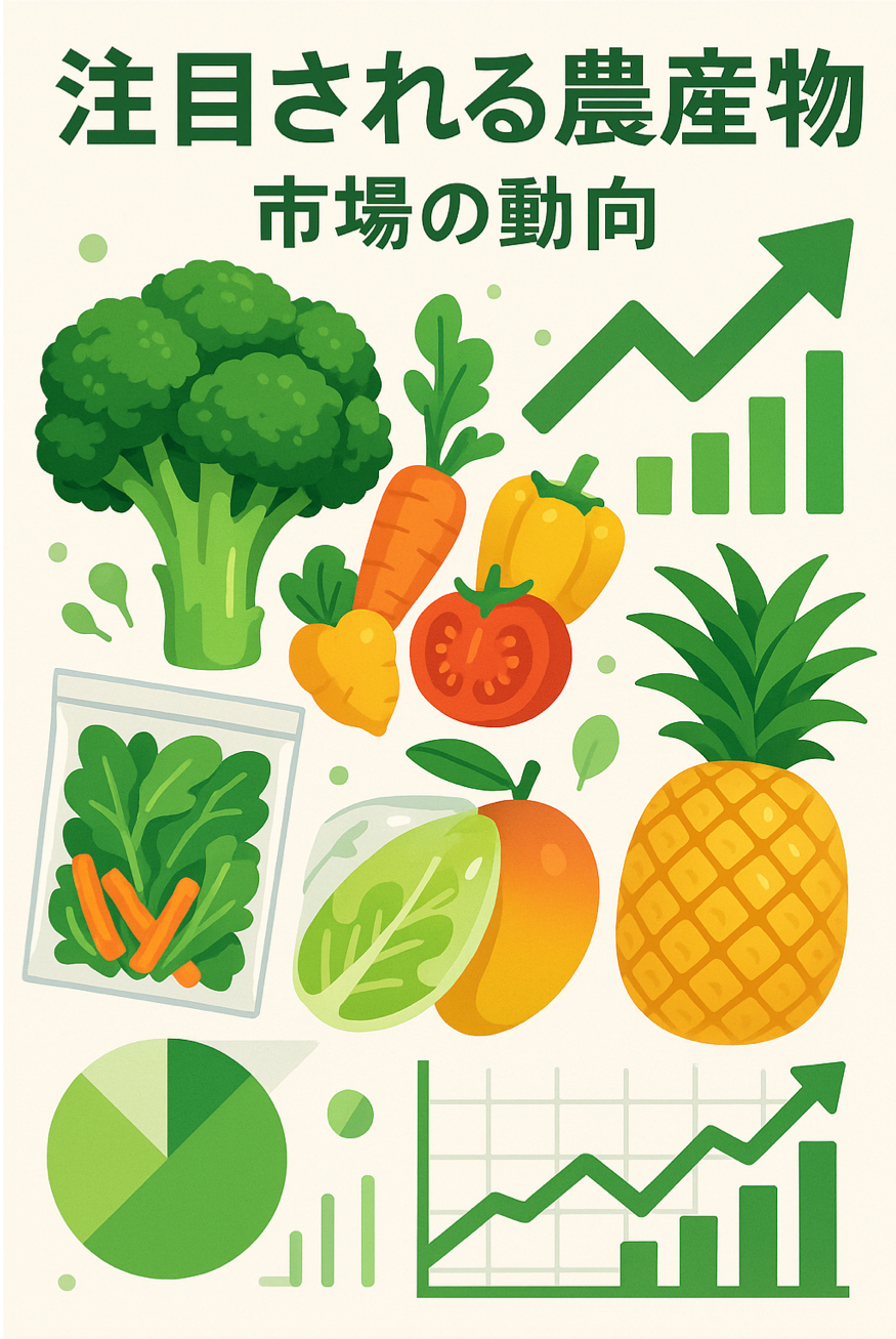 注目される農産物と市場の動向(ブロッコリー・ミニ野菜・時短野菜等)を表現した図解イラスト