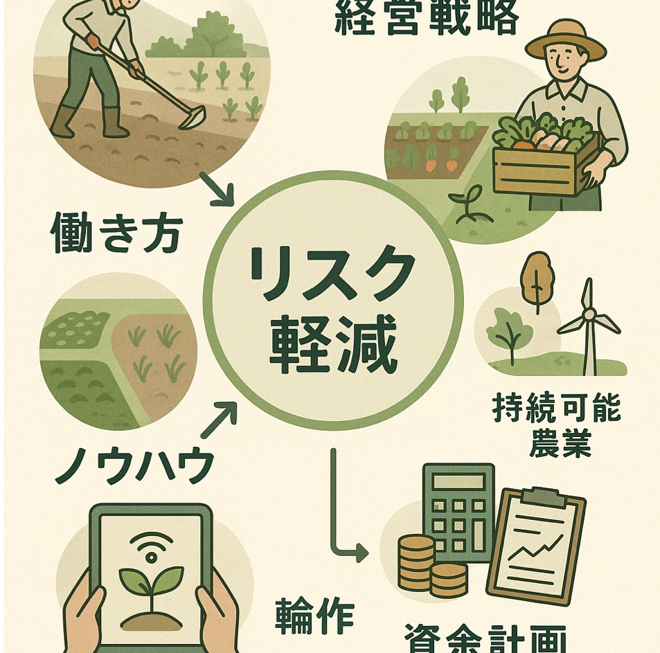 働き方・経営戦略によって農業リスクを軽減するノウハウを表現した図解イラスト