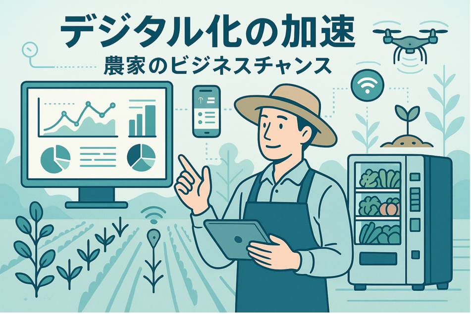 デジタル化の加速と農家のビジネスチャンス(データ分析・無人販売等)を表現した図解イラスト