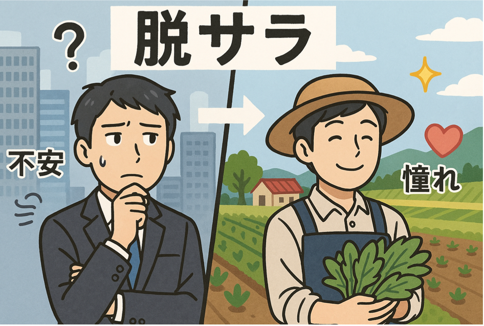 会社員生活から農業への転身に対する憧れと不安を表現した図解イラスト