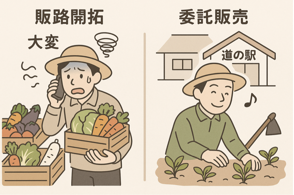農家の販路開拓の困難さと委託販売による問題解決を対比した図解イラスト