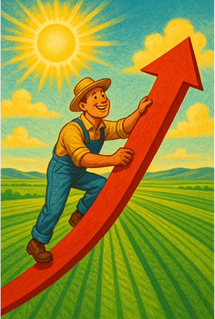 困難から立ち直り、上昇する矢印とともに笑顔になる農家と緑豊かな農地、明るい太陽を描いた希望のイラスト