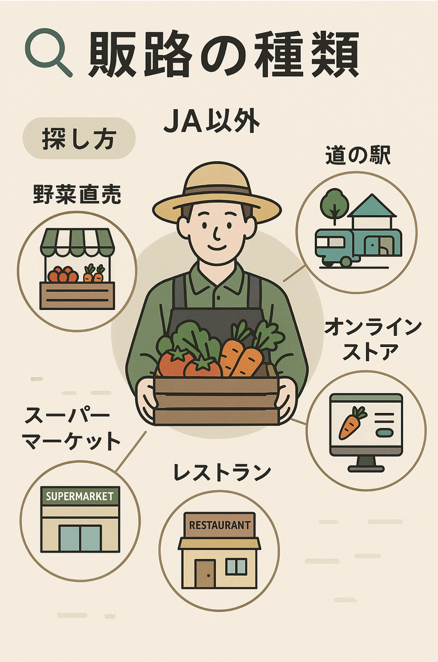 農家が知るべき販路の種類とJA以外の選択肢を網羅的に表現した図解イラスト