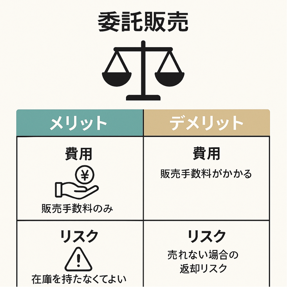 委託販売のメリット・デメリット・費用を天秤で比較分析した図解イラスト