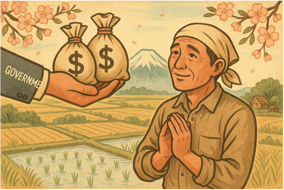 国や自治体から農家への温かい支援の手と、お金の袋や支援制度を表現した図解イラスト