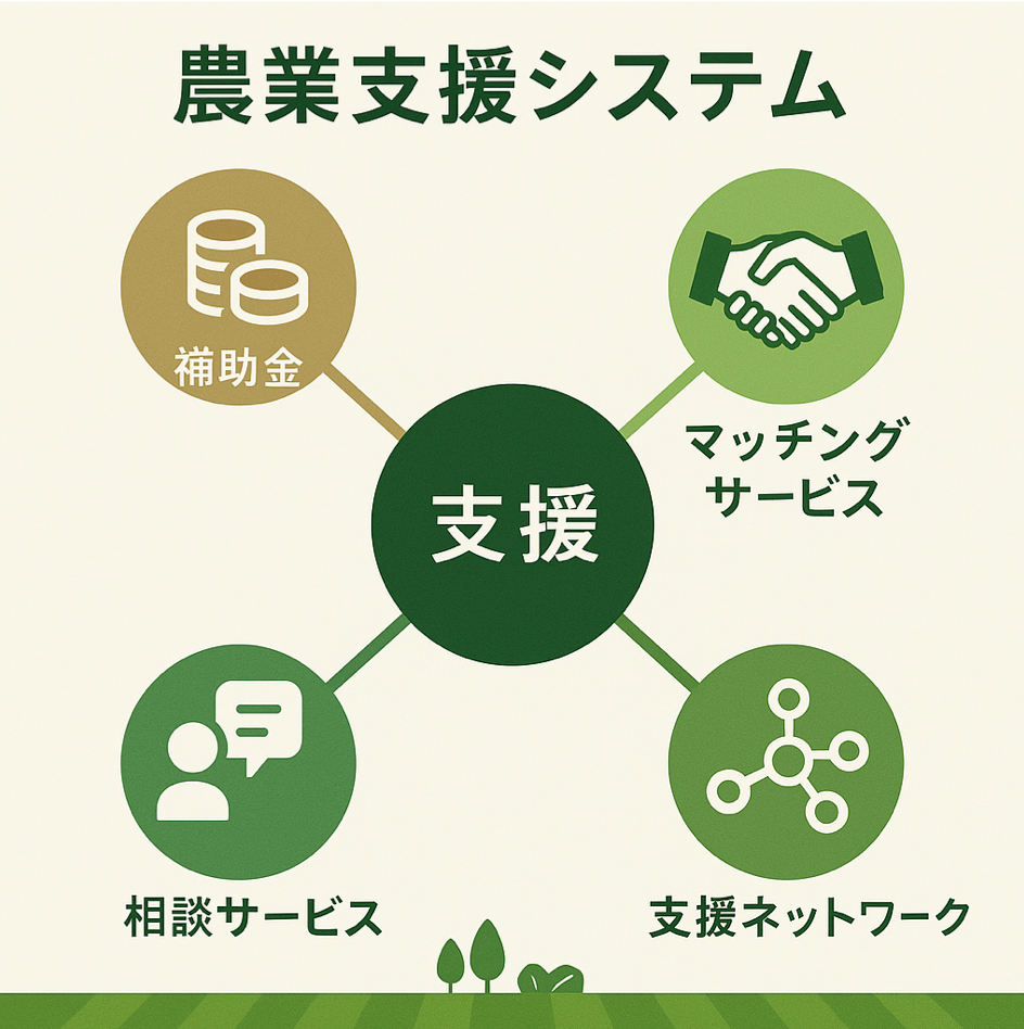 農家の販路拡大に役立つ支援制度・補助金・マッチングサービスを表現した図解イラスト